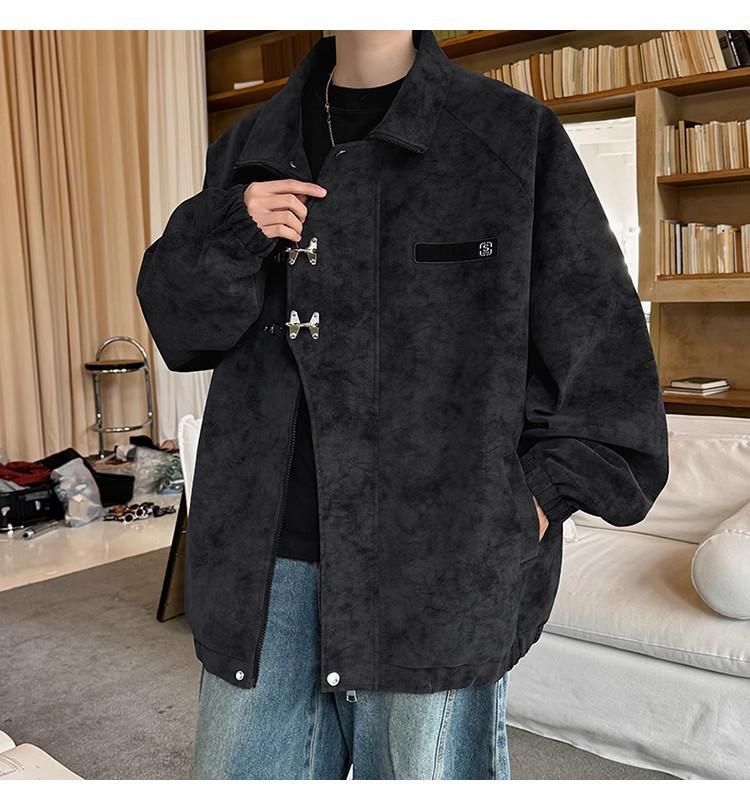 Men's Retro Tie-Dye PU Leather Jacket with Metal Airplane Buckle and Stand Collar - Autumn/Winter Outerwear