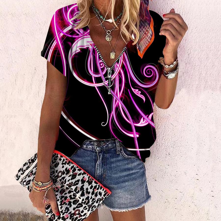 Women's Top Summer New Fashion Rose Flower Blue Light Printed Casual Zipper V-neck Short Sleeve Top