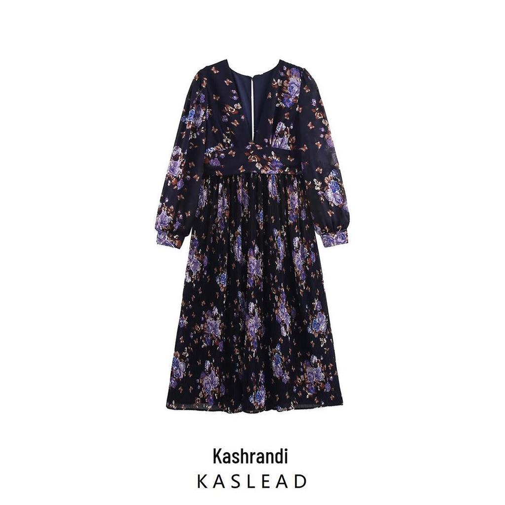 2025 Spring Women's Fashion: European & American Style Loose Chiffon Printed Pleated Dress