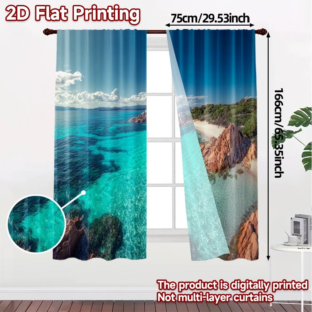 Set Of 2 Flat Printing Curtains Without Rod Azure Coast Creative Popular Versatile Polyester Fabric All Made
