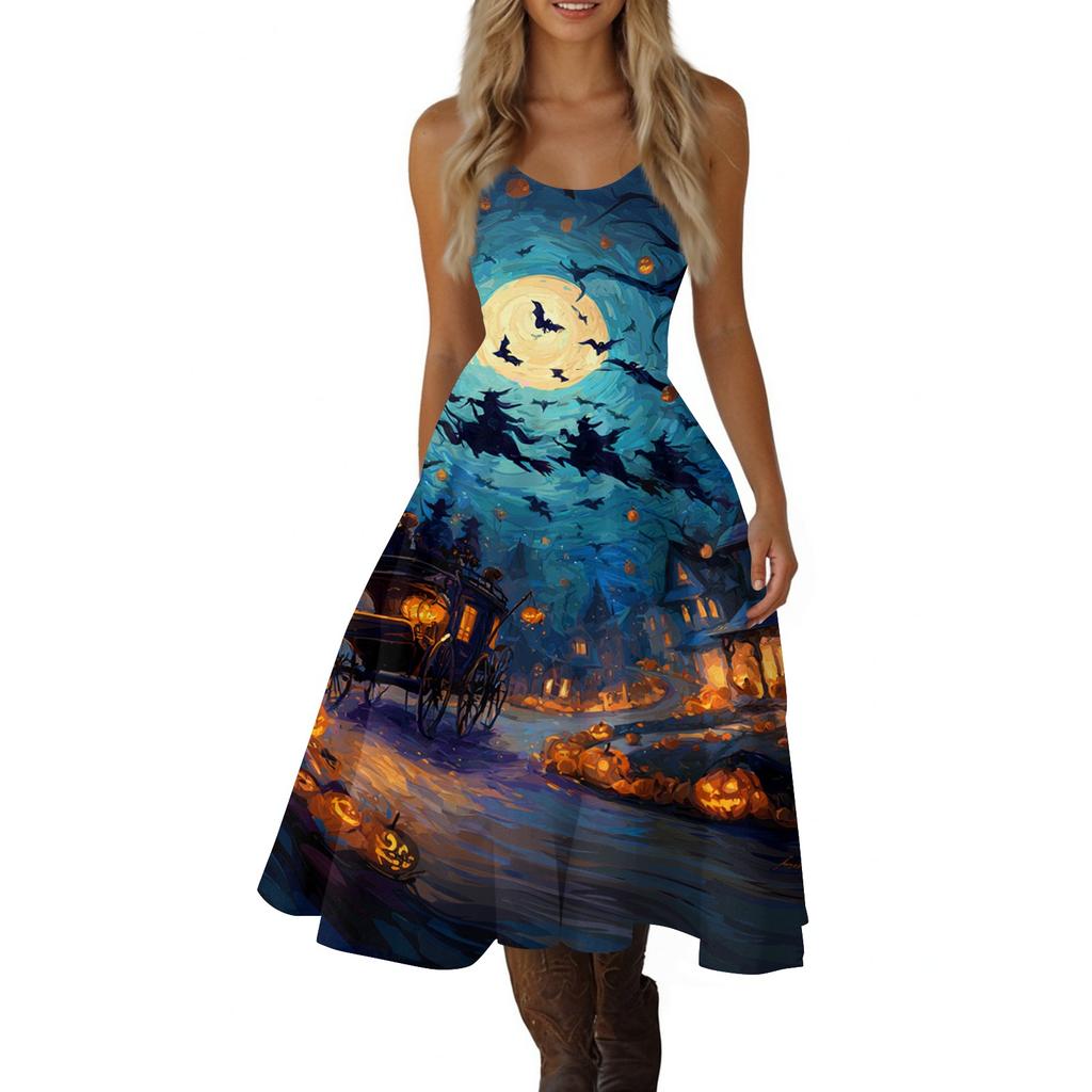 Women's Halloween Print Off Shoulder Vintage Punk Dress Sleeveless Spaghetti Strap Midi Dress with Full Skirt for Costume Party