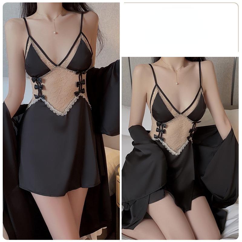 Sexy ryggløs forførende dyp V komfortabel pyjamas sløyfe stropp pyjamas kjole hjemme dress