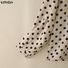 VONDA Elegant Women Tie V Neck Long Sleeve Polka Dots Casual Blouse Tops