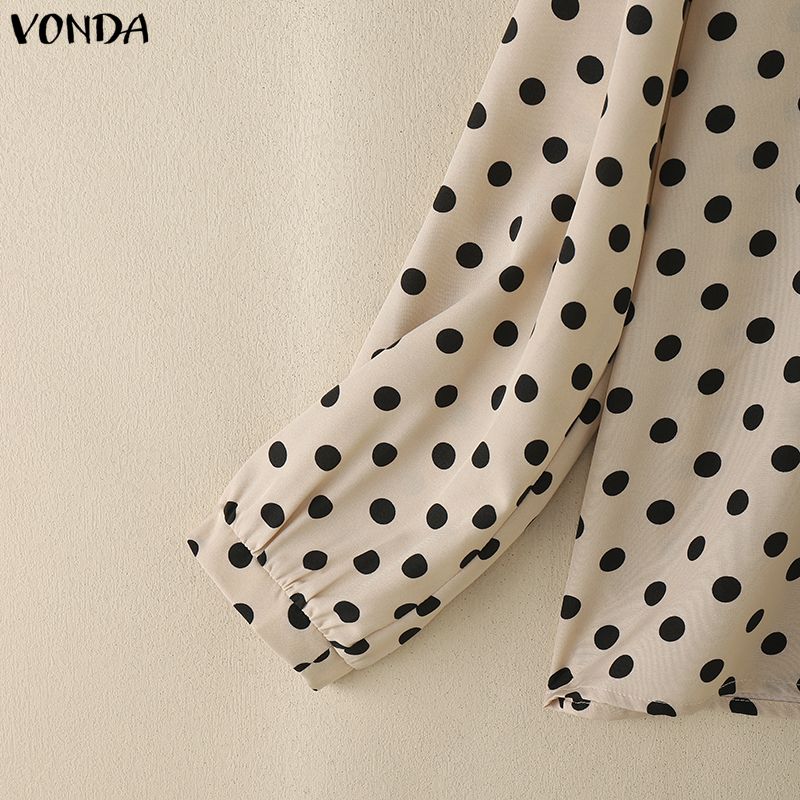 VONDA Elegant Women Tie V Neck Long Sleeve Polka Dots Casual Blouse Tops
