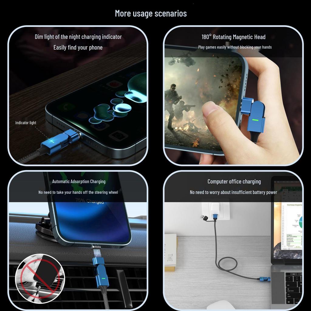 Magnetic 100W Fast Charging Cable with 180° Rotation for Apple Devices and Type-C