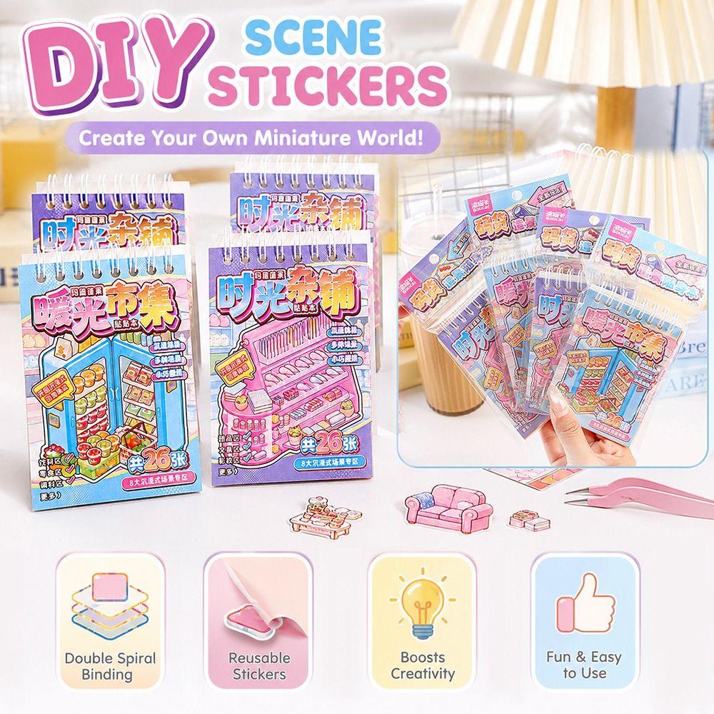 Cartoon 3D Landscape Sticker Book Decorative Miniature Scene Collage DIY Cabin Scene Sticker Toy