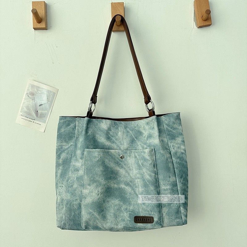 

Original Denim Soft Leather Bag Bag Women Large Capacity Tote Art College Student Class Schoolbag Fashion Texture Shoulder Bag Blue without pendant