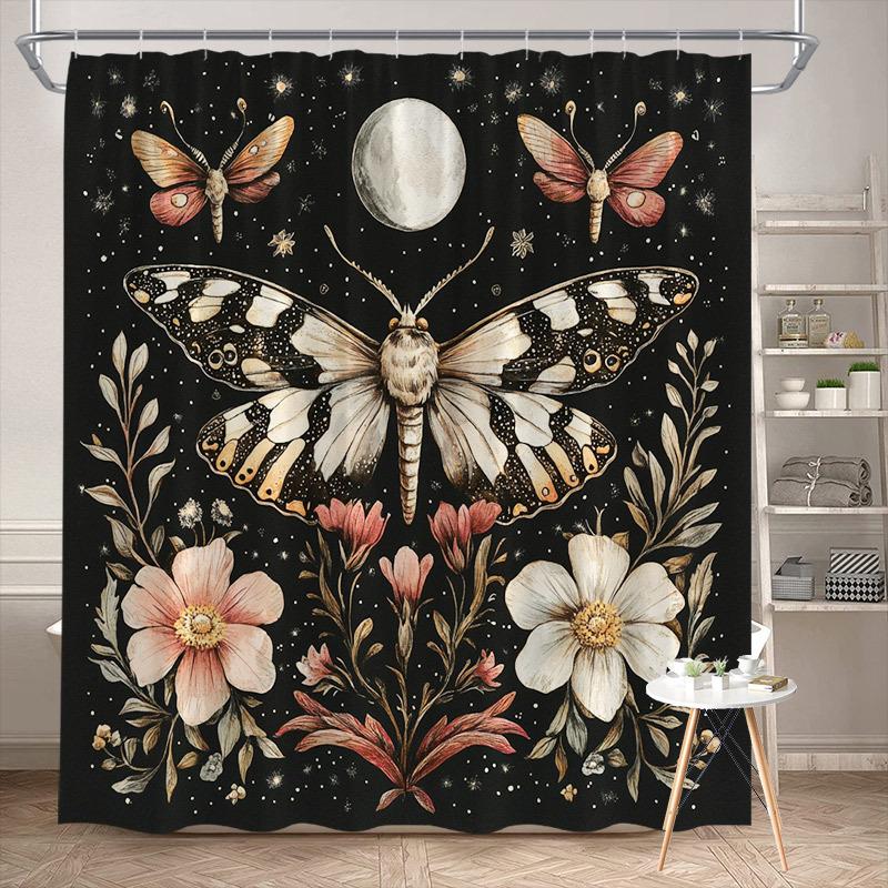 

Mystical Moth Shower Curtain: Butterfly & floral design, black & white, 12 hooks, machine washable, polyester. W90xH180cm