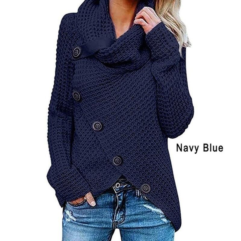 Women Knited Sweaters Cardigan Long Sleeved Buttons Loose Pullovers Turtleneck Irregular Hem Tops