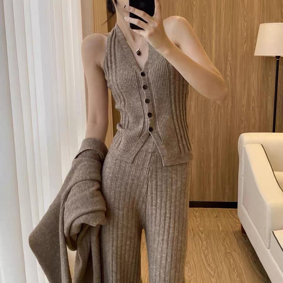 Women's Korean Style Knit Cardigan Set: Casual Loose Vest & Wide-Leg Pants Three-Piece for Autumn/Winter.