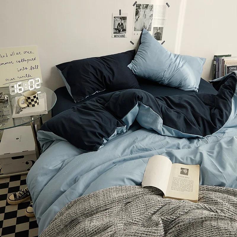 Fashion Solid Color Bed Sheet Style Duvet Cover Set Ab Double-Sided Color Matching Comfortable Sets Washed Cotton Bedding