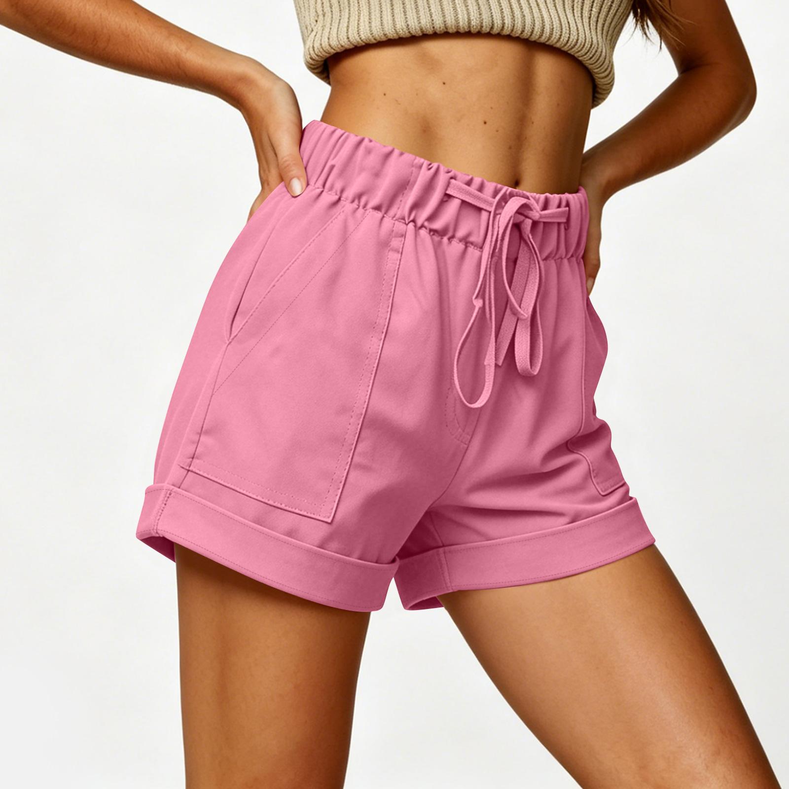 

Women Casual Loose Fit Shorts with Pockets Elastic Waist Drawstring Adjustable Summer Relaxed Style Pants M рожевий