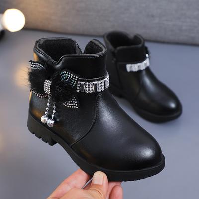 Chaussures pour enfants fille mi-longues bottes en cuir chaudes bébé nœud mignon chaussures en coton peluche hiver étudiant deux bottes en coton Botines