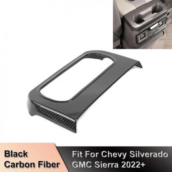 CARBON FIBER Rear Water Cup Holder Armrest Box COVER For Chevy Silverado +