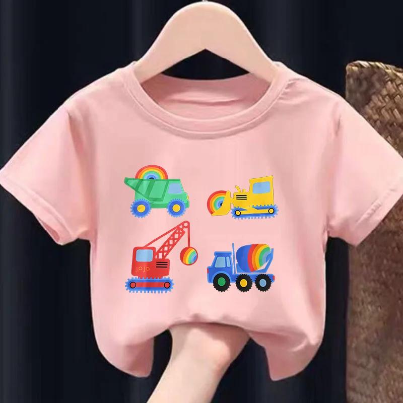 New Boys Tshirt Europeanstyle Childrens Engineering Car Printed Sweatshirt with Short Sleeves Soft Polyester Fabric  Summer