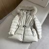 Winter Europe Station Fox Hair Big Fur Collar Hooded Waist Slim White Duck Down Jacket Women