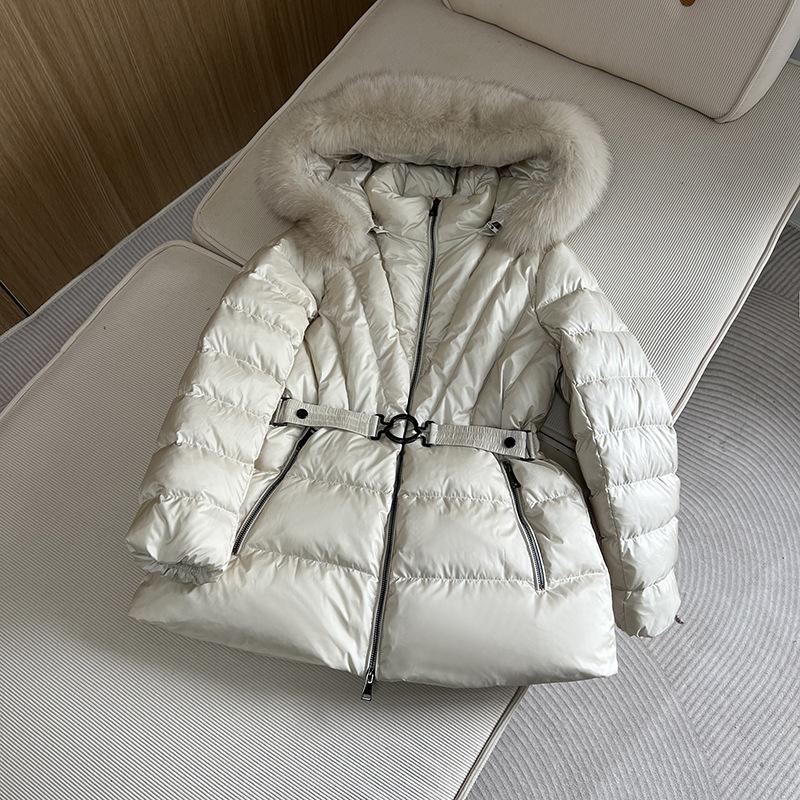 Winter Europe Station Fox Hair Big Fur Collar Hooded Waist Slim White Duck Down Jacket Women