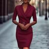 Abito midi aderente da donna per ufficio, nero, con blazer, cintura e scollo a V