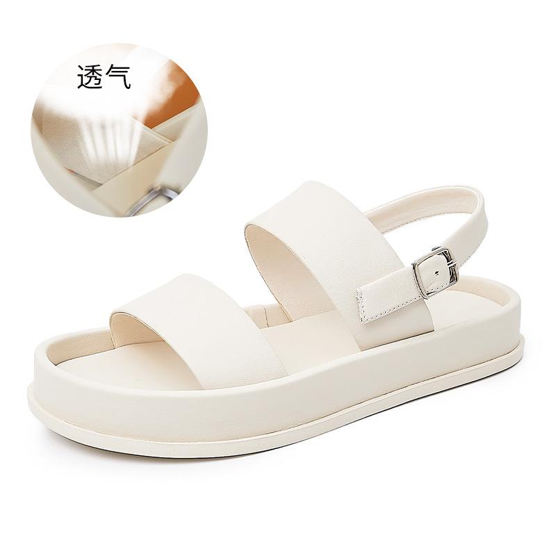 

Кожаные сандалии женские 2025 лето новые женские на плоской подошве универсальные пляжные туфли на мягкой подошве повседневные женские туфли 40 бежевый