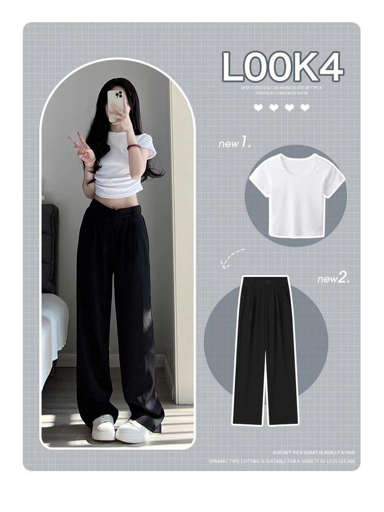 2024 Women's High-Waist Black Wide-Leg Suit Pants—Slim, Casual, High-Grade Drape for Spring