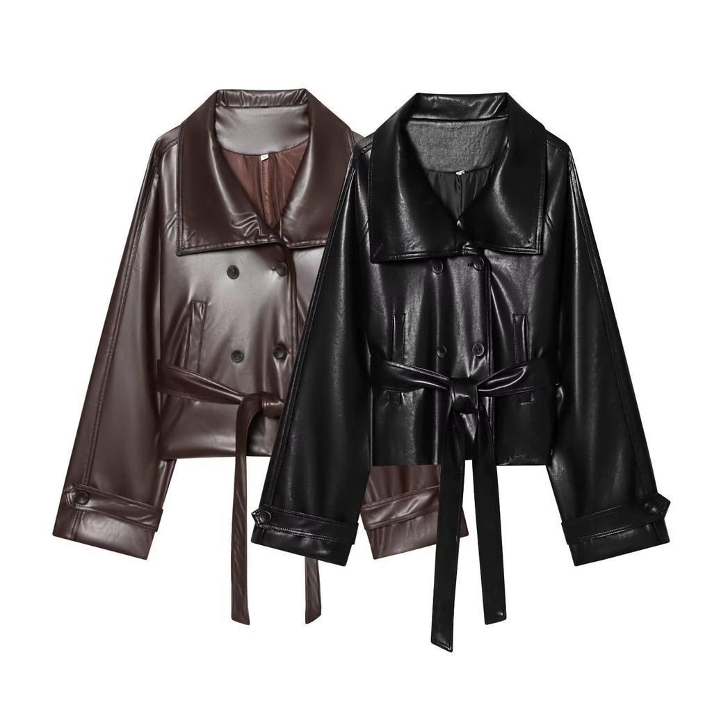 2026 spring new European and American cross-border women's clothing double-breasted belt decorative lapel imitation leather trench coat w063 Z103