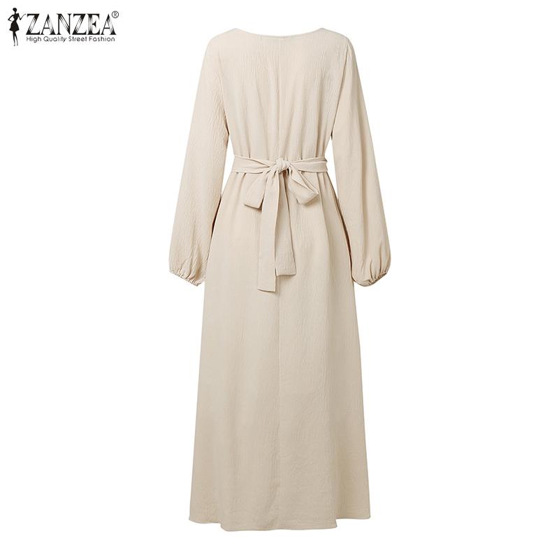 ZANZEA Women Casual Round Neck Solid Color Loose Long Sleeve Long Dress
