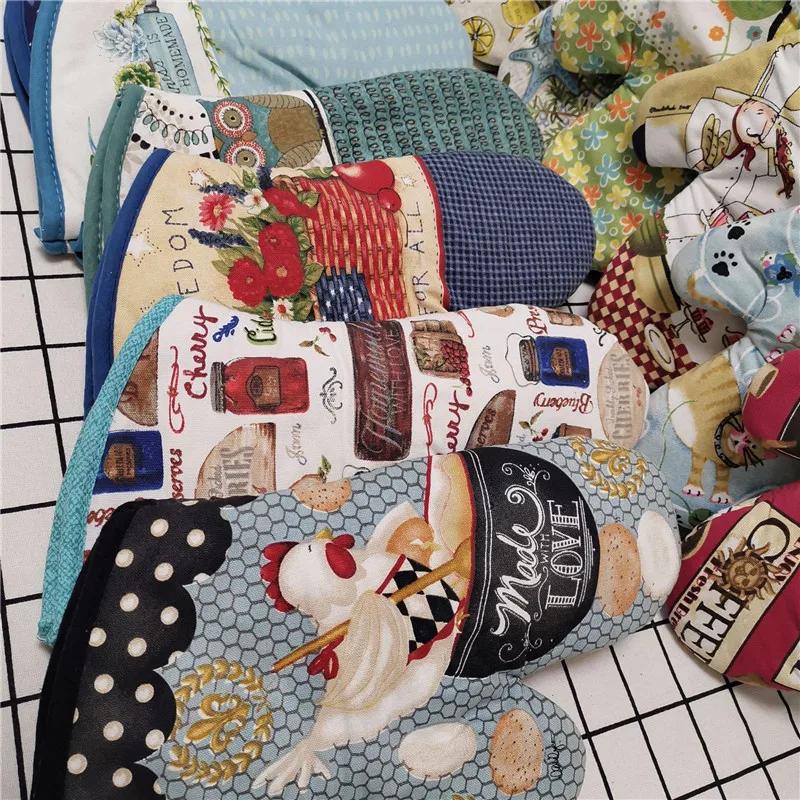 1Pc 18x33cm Cotton Vintage Printed Large Baking Glove Microwave Oven Mitts Insulation Kitchen Tool Party Gift