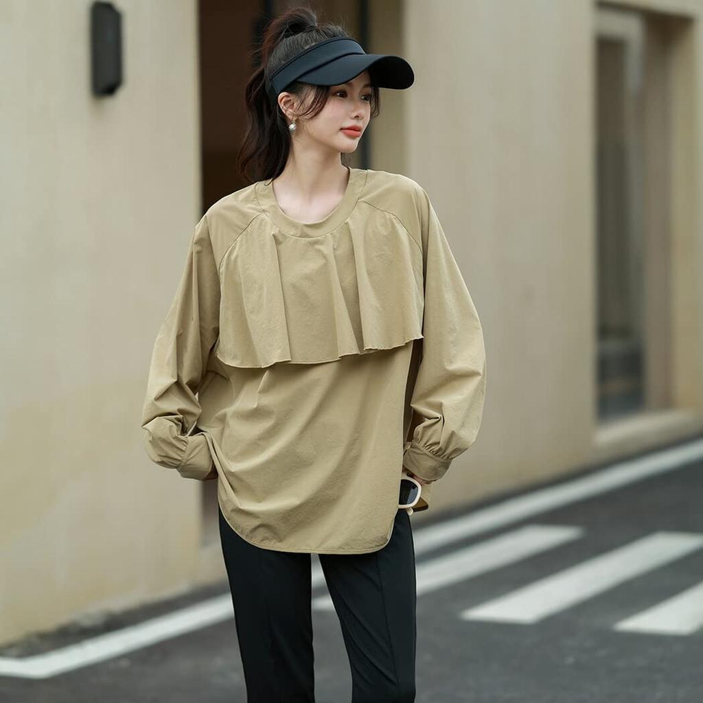 Teddy Long Sleeve Rash Guard with Slit Sun rashguard029 Women's Leggings, 2-Piece Set, Protection, Amphibious, Lightweight, (L, Beige)