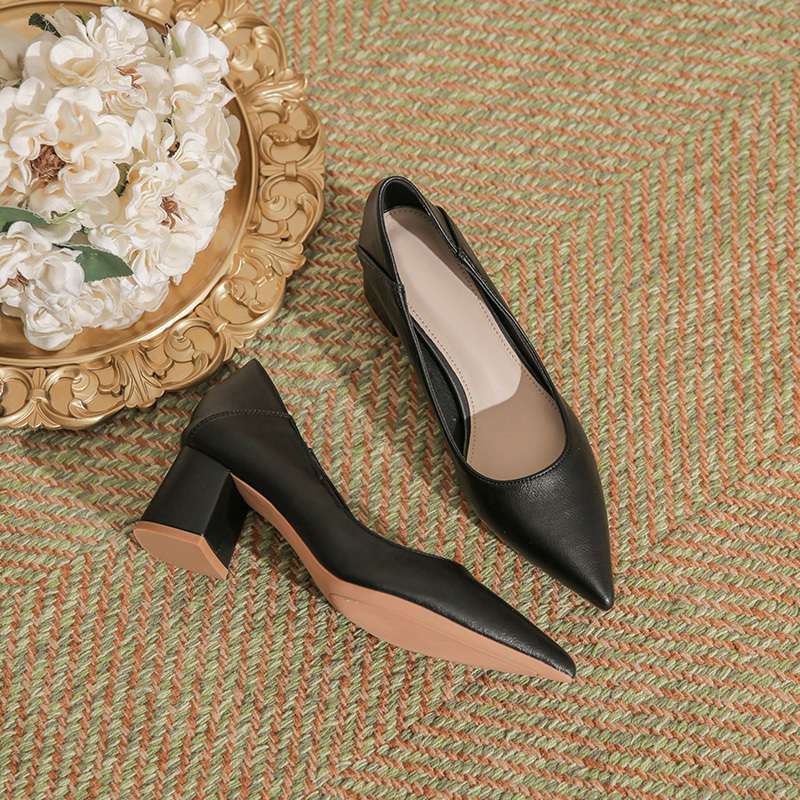 

Французские нюдовые туфли на высоком каблуке женские 2025 новый темперамент мягкая кожа 5 см не устают ноги толстый каблук легкий вырез одинарные туфли женские 40