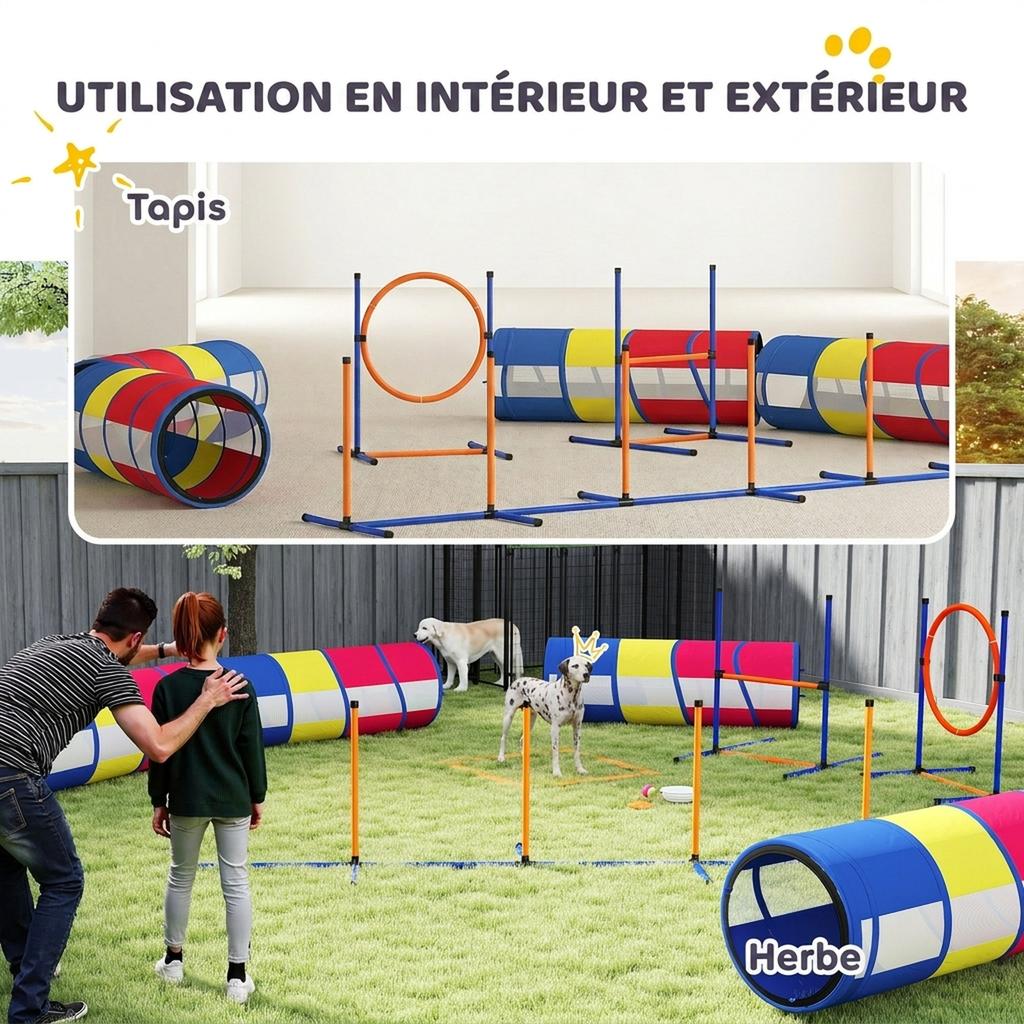Dog Agility Equipment, 12-Piece, 4 Tunnels, Jumps, Ring, Slalom, 357 x 65 x 68 cm, Multicolored