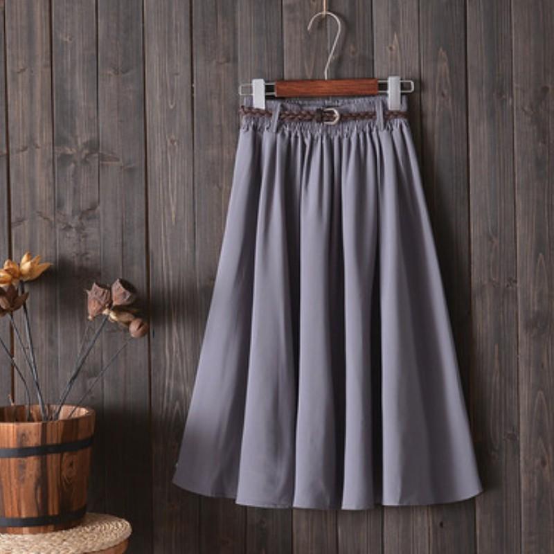 Women Summer Midi Knee Length Skirt Korean Ladies High Waist Pleated A-line School Skirt Female