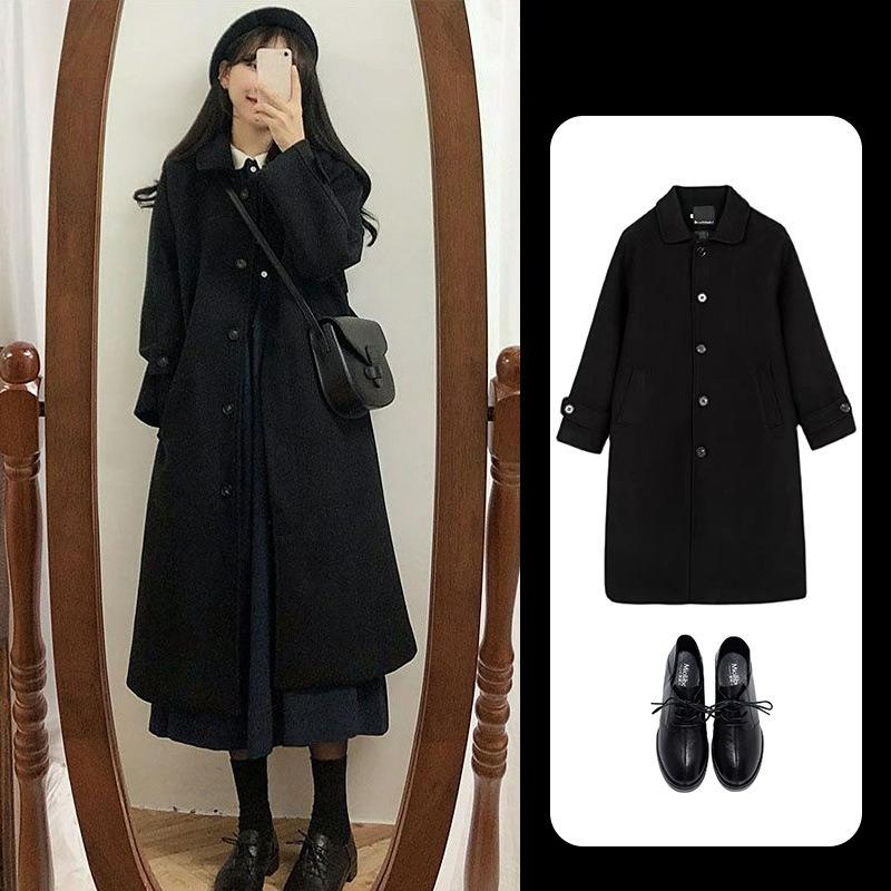 Coat Ladies's Windbreaker Mid-length Small Hepburn Windbreaker Black Woolen Coat Ladies Fall and Winter