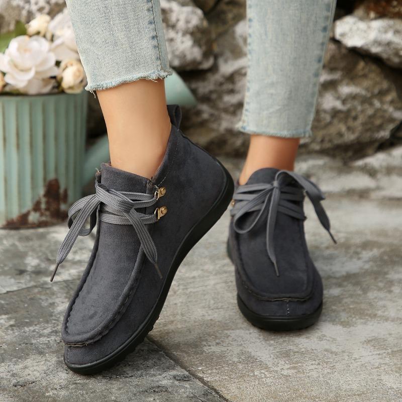 Fashion Fall New Flat Single Shoes Women's Round Toe Suede Lace-up Soft Sole Anti-slip Wear-resistant Low Top Shoes