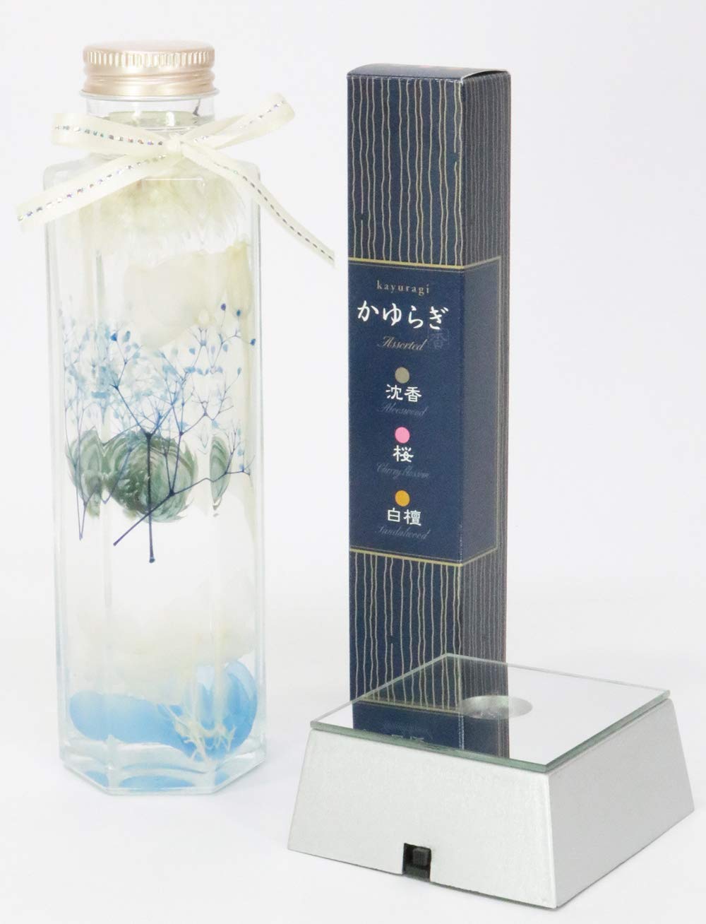

NICHIFLRO Herbarium Offering, with Dedicated Box, Long-Lasting Flowers, Hexagonal Vase, Made in Japan, Shizuka (Blue, Incense with LED Stand)