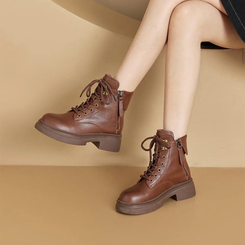 Fashion Boots Women's Spring Autumn Retro Womens Leather Shoes with Double-sided Zippers Platform Casual Shoes Soft Soled Leather Boots