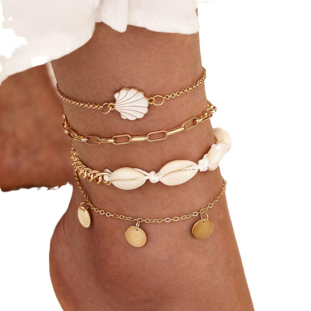 4PC Summer Fashion JHand-knitted Ladies Beach Crushed Stone Chain Boho Shell Charm Ankle For Women Bracelet On The Leg Jewelry
