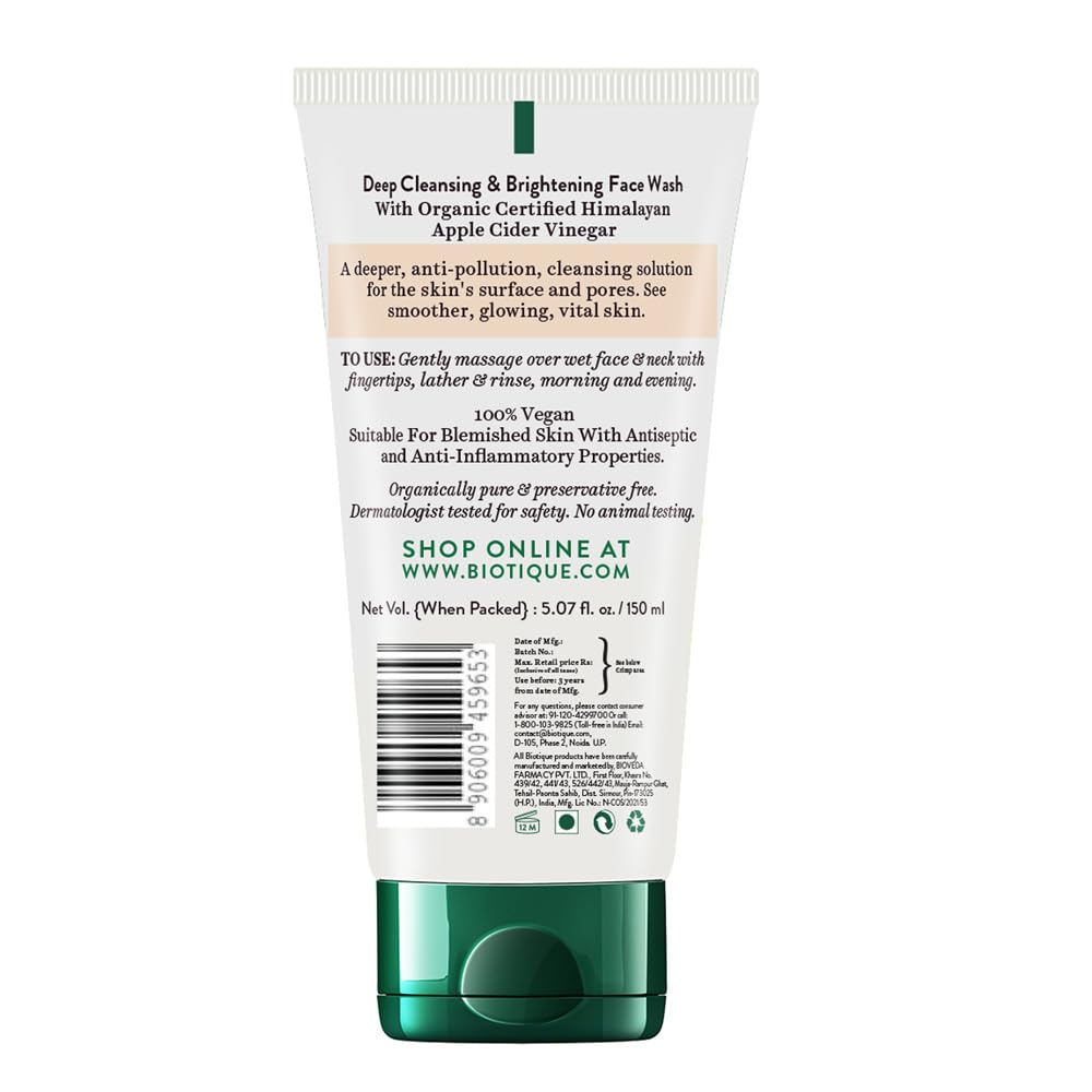 Biotique Apple Cider Vinegar Face Wash 150ml | Deep Cleansing & Exfoliation | 100% Botanical Extracts for Fresh Skin