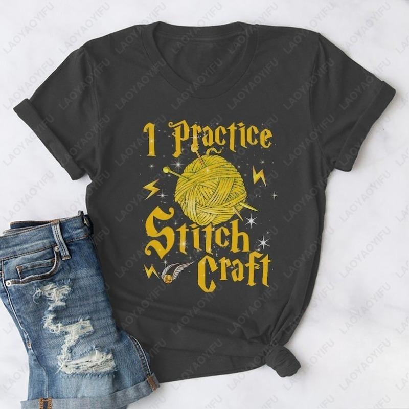 I Practice Stitch Craft Creative Trend Casual Style Oneck Printed Tops Funny Knitting Lover Unisex Adult Cotton Shirt Women Tee