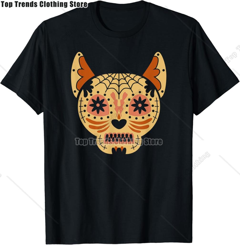 Cute Sugar Skull Cat Dia De Los Muertos Day of The Dead TShirt Mexican Summer Fashion Short Sleeved Tee TopsCasual Tshirt