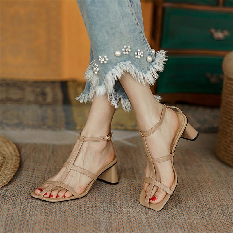 Meotina Femmes en cuir véritable t-strap chaussures talons épais été boucle sandales bout carré talon haut chaussures pour dames abricot Beige