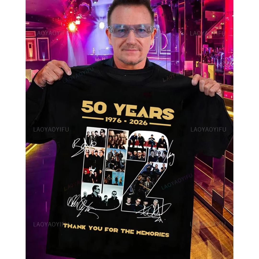 U2 Band 50. Jubiläum Grafik-T-Shirt Unisex 1976-2026 Vintage Rock Tribute Unterschriften T-Shirt Leicht Atmungsaktiv und Bequem Kleidung XXL
