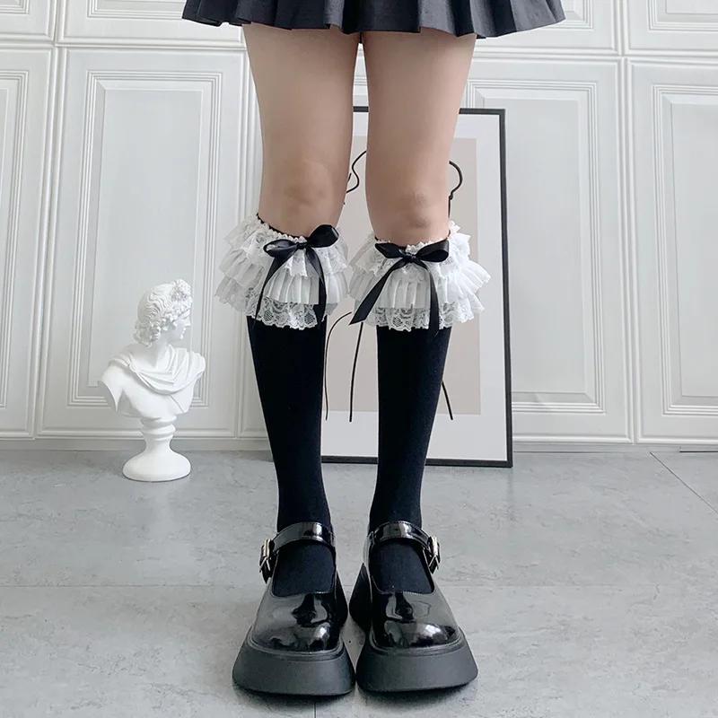 Lolita Nylon Lace Knee High Socks Fairy Maid Bow Knot Cotton Stockings Cartoon Cute Girl Princess