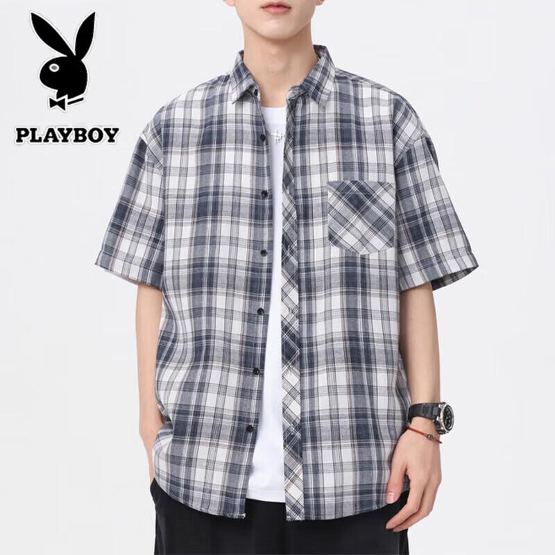 PLAYBOY Men s Plaid Short Sleeve Shirt L