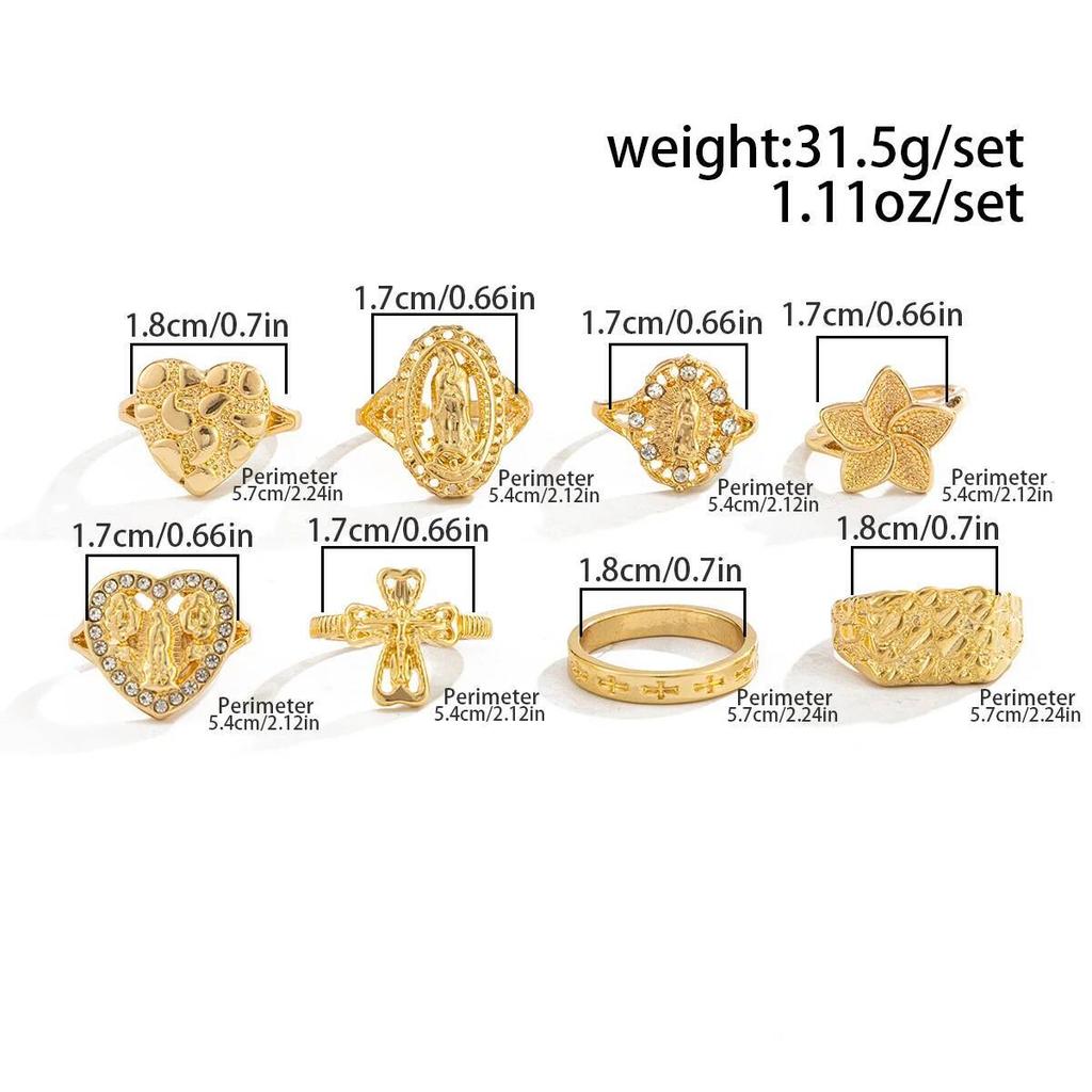 SHIXIN 8Pcs/Set Trend Gold Color Cross Virgin Mary Open Ring Women 2026 Exquisite Heart Inlaid Diamond Finger Ring Charm Jewelry