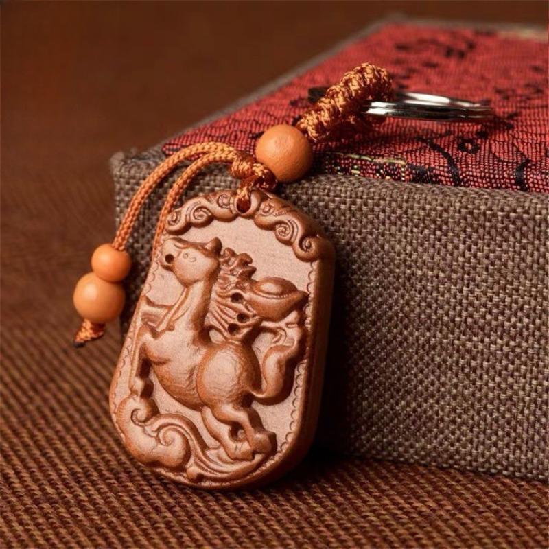 Wooden Protection And Safety Keychain Pendant For Car Decoration And Bag Accessories