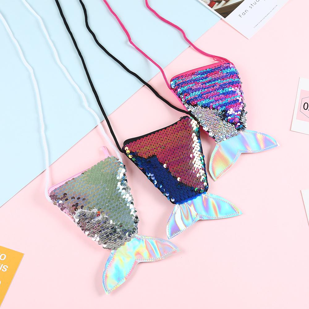 Glitter Coin Purse with Hanging Rope Children's Diagonal Cross Small Bag Fish Tail Dual Color Glitter Coin Purse