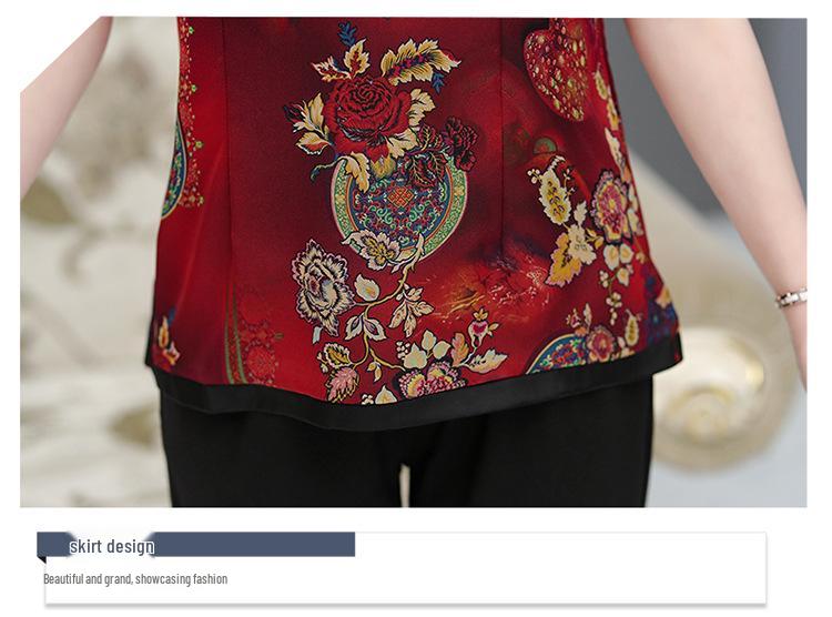 Sophisticated 60-Year-Old Women's Mulberry Silk Summer T-Shirt - Loose Fit, Short Sleeves, Tang Suit Style