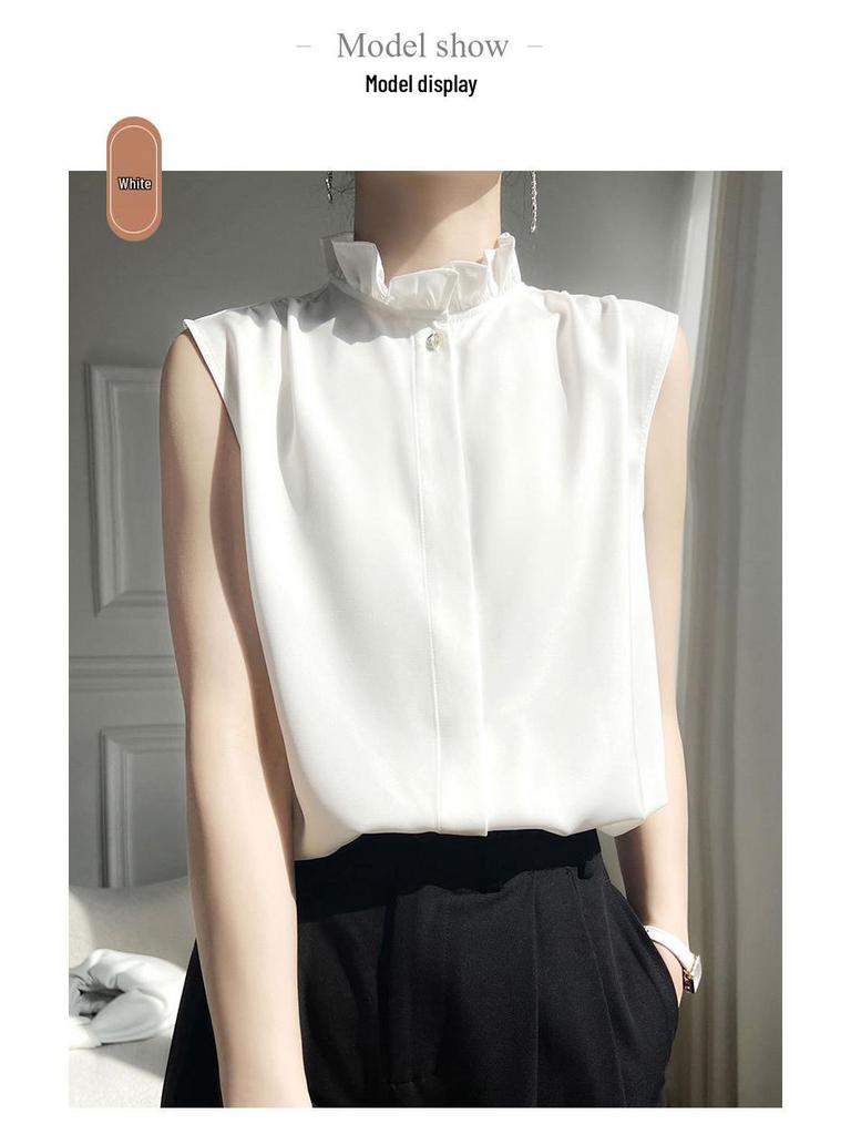 Silky Lotus Leaf Lace Collar Sleeveless Top for Women - Spring/Summer Fashion Layering Essential