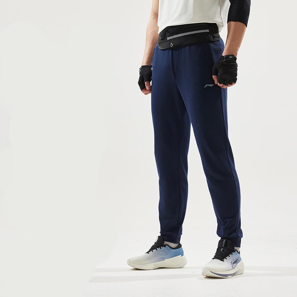 Li Ning Fitness Series Logo Print Fitted Thickened Fleece Warm Knitted Sports Pants Men Bottoms Ink-Gray AKLUA73-7