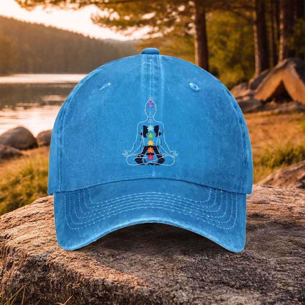 Chakra Meditation Graphic Washed Baseball Cap Adjustable Cotton Outdoor Unisex Daily Wear Cap